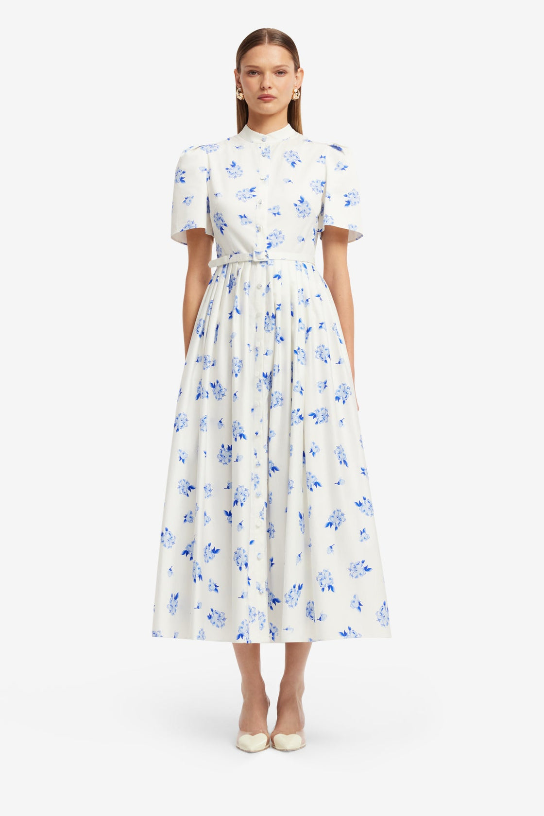 Bianca Short Sleeve Midi Dress - Ditsy Floral Print in Snow