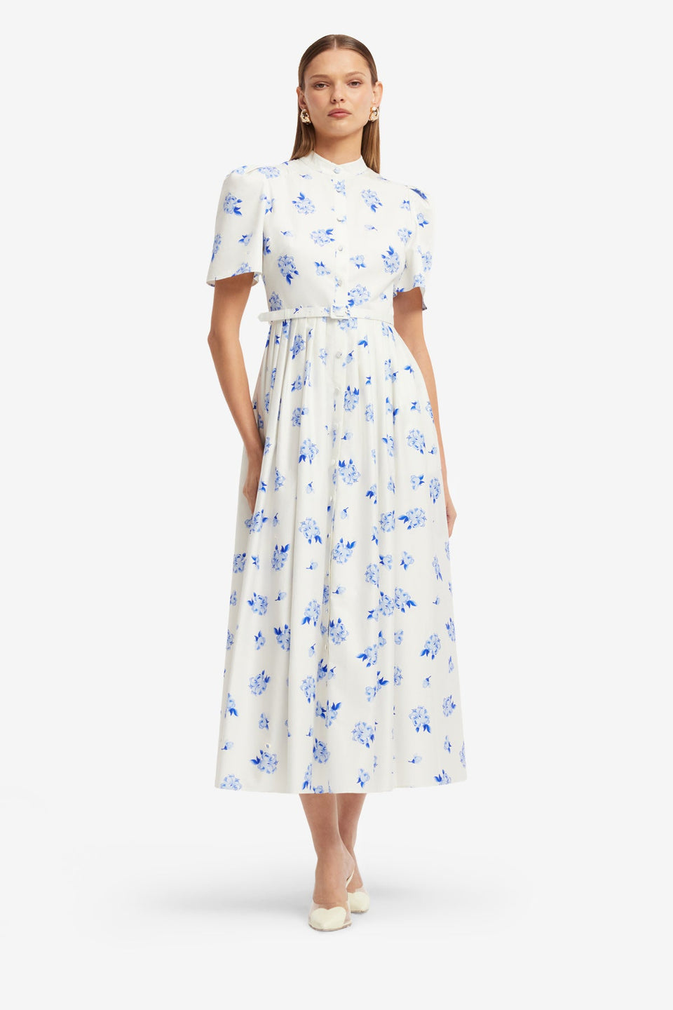 Bianca Short Sleeve Midi Dress - Ditsy Floral Print in Snow Dress Midi