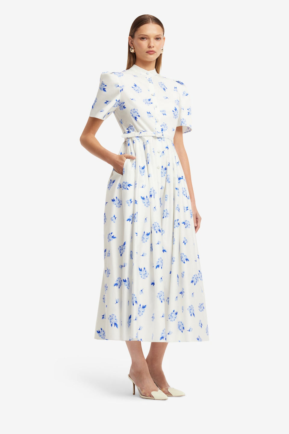 Bianca Short Sleeve Midi Dress - Ditsy Floral Print in Snow Dress Midi