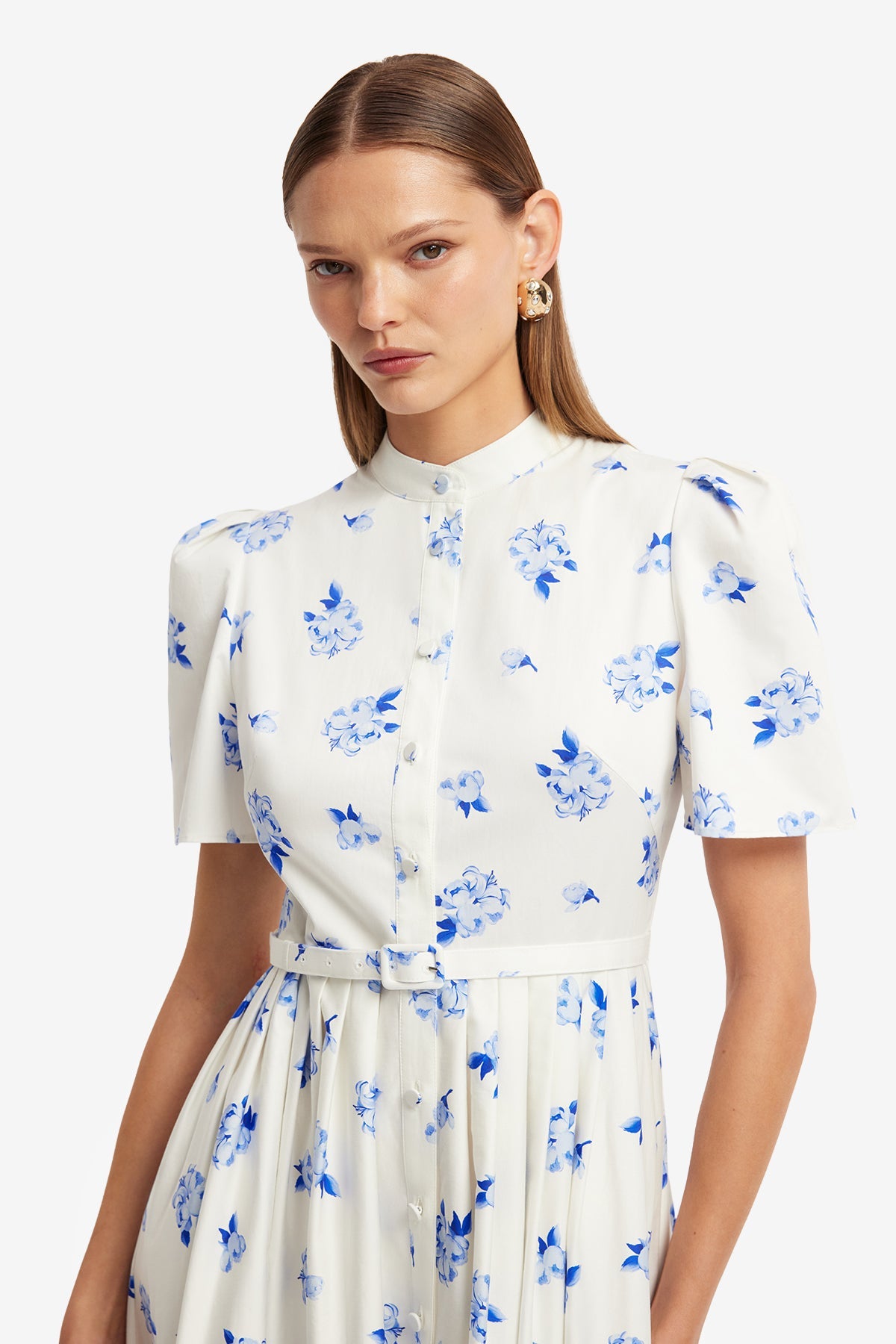 Bianca Short Sleeve Midi Dress - Ditsy Floral Print in Snow – LEO LIN