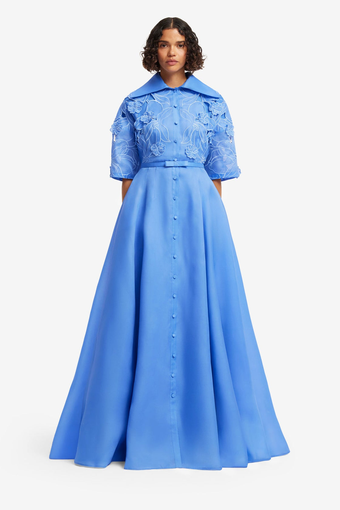 Junia Appliqué Puff Sleeve Silk Gown - Azure Dress Maxi