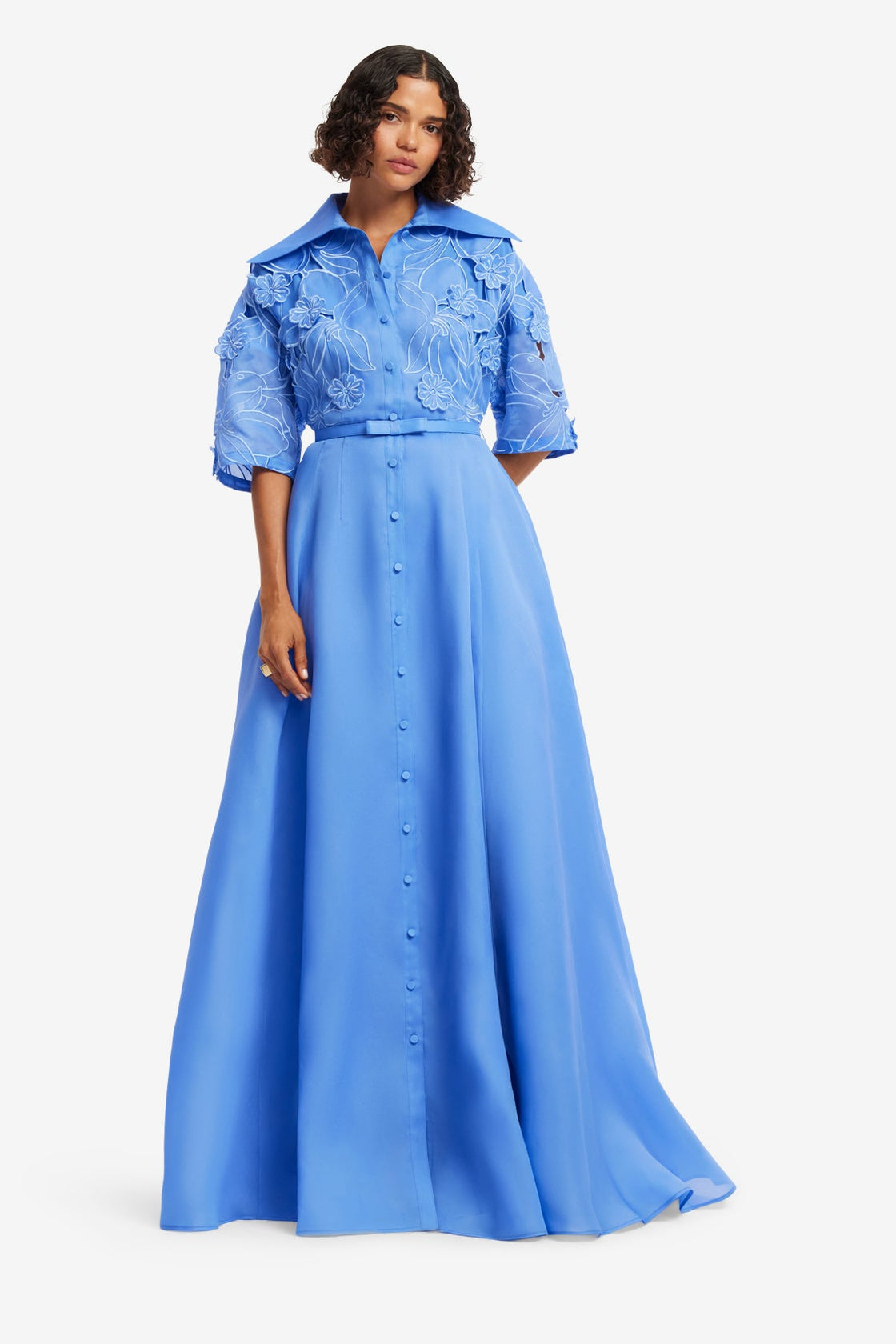 Junia Appliqué Puff Sleeve Silk Gown - Azure Dress Maxi