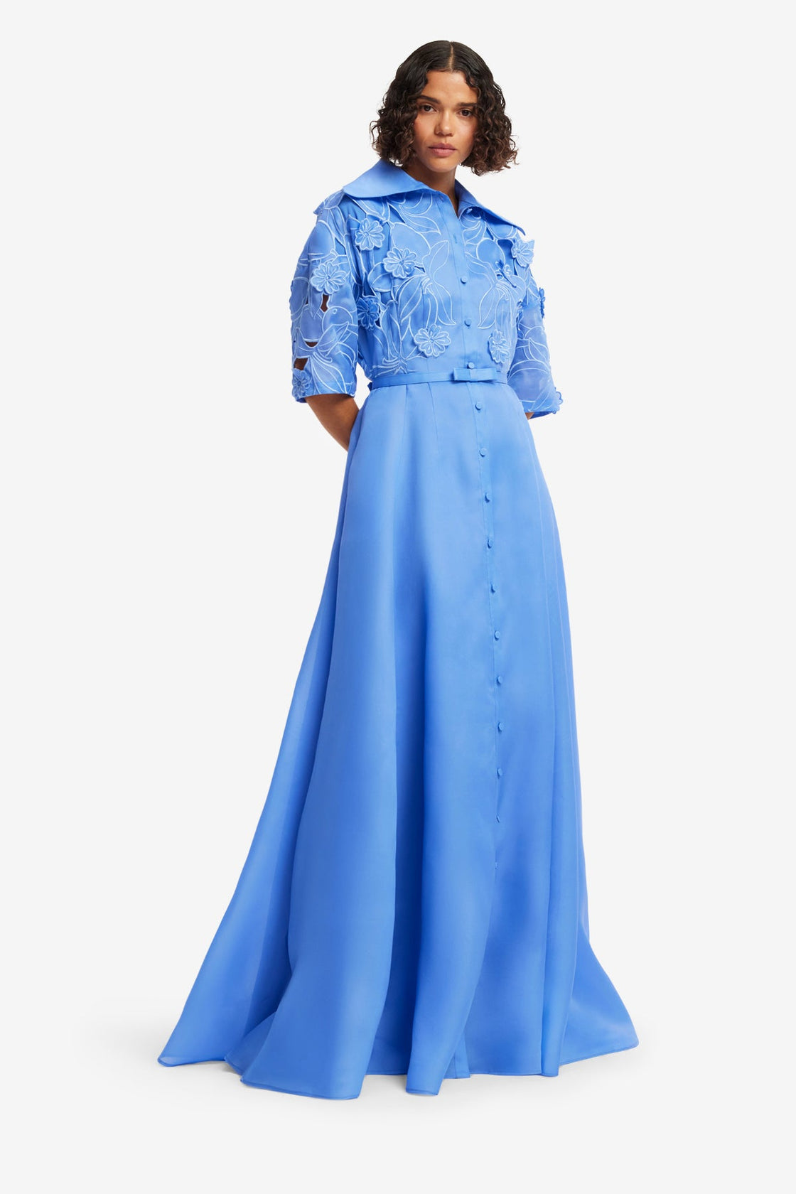 Junia Appliqué Puff Sleeve Silk Gown - Azure Dress Maxi