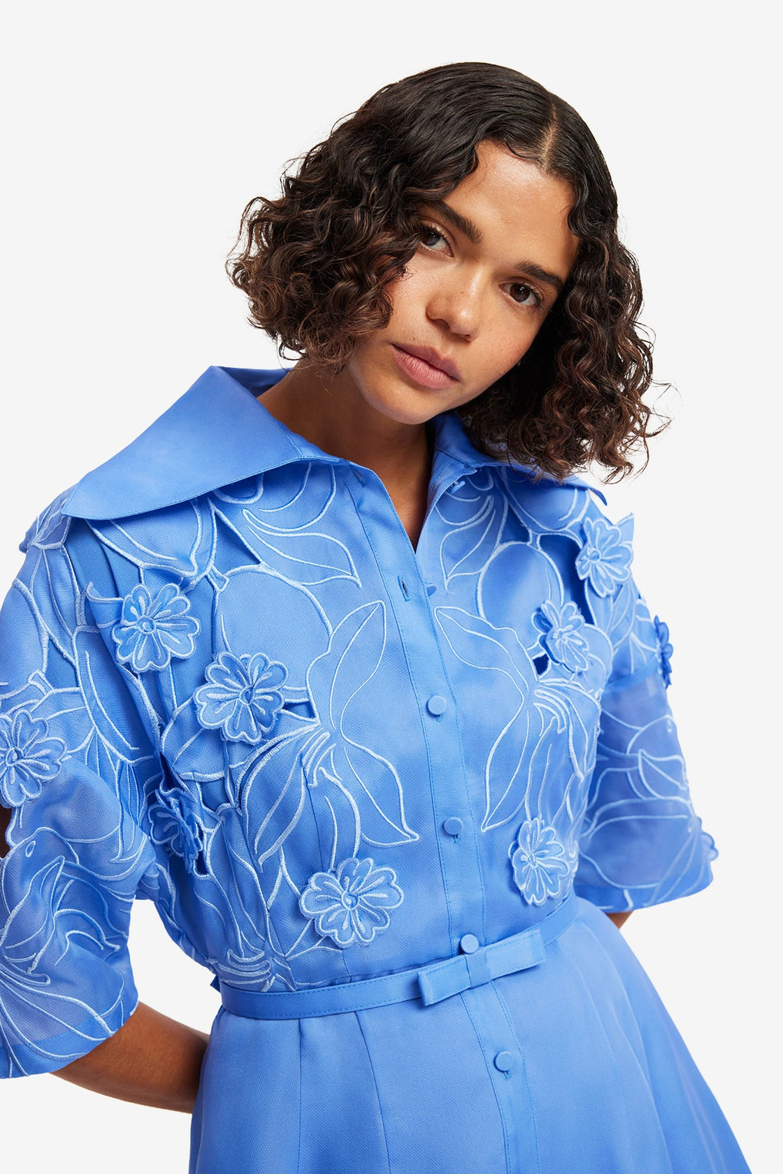Junia Appliqué Puff Sleeve Silk Gown - Azure Dress Maxi