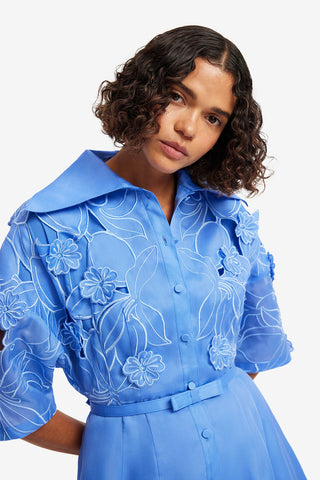Junia Appliqué Puff Sleeve Silk Gown - Azure Dress Maxi