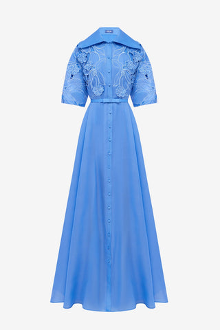 Junia Appliqué Puff Sleeve Silk Gown - Azure Dress Maxi