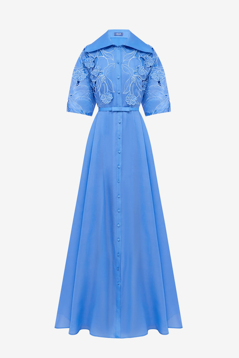 Junia Appliqué Puff Sleeve Silk Gown - Azure Dress Maxi