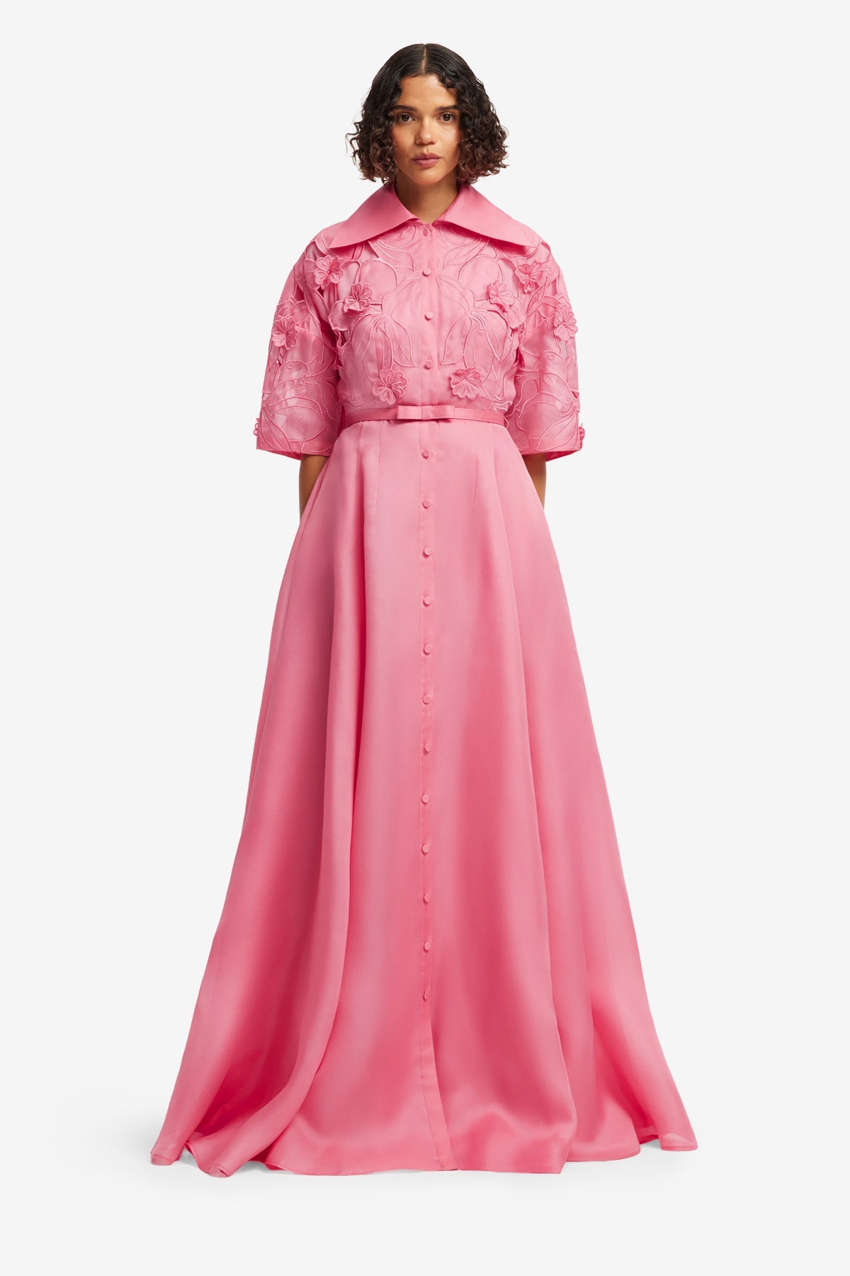 Junia Appliqué Puff Sleeve Silk Gown - Fuchsia – LEO LIN