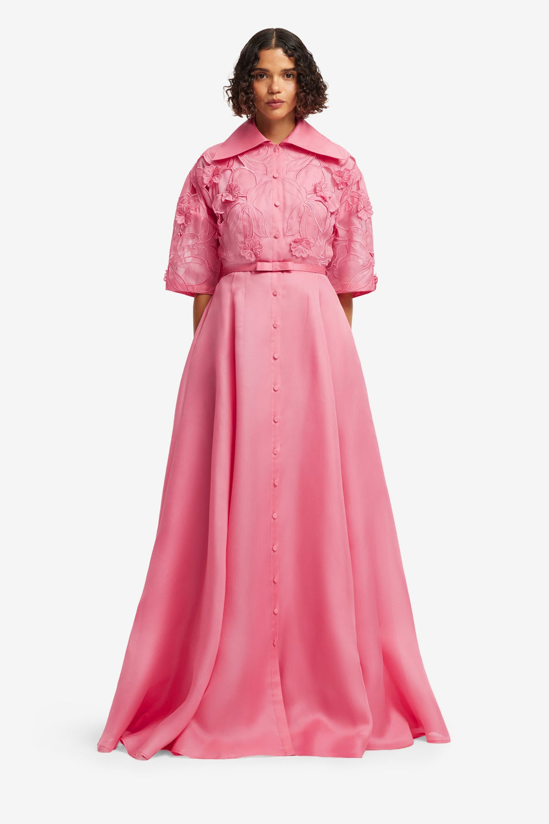 Junia Appliqué Puff Sleeve Silk Gown - Fuchsia Dress Maxi