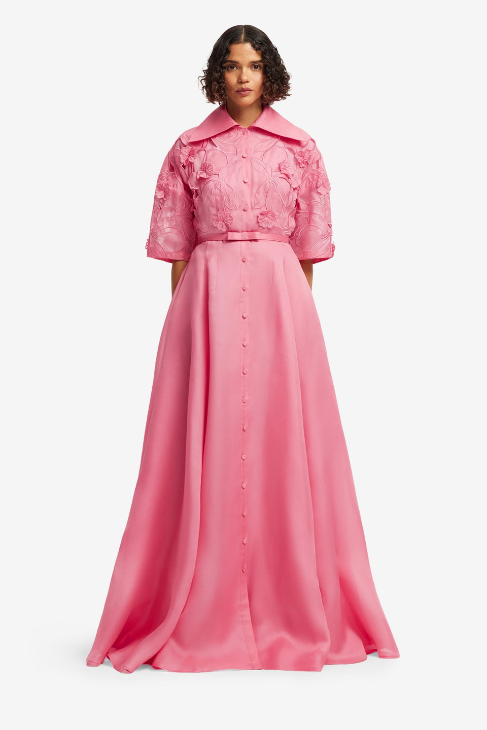 Exclusive LEO LIN Junia Applique Puff Sleeve Silk Gown - Fuchsia