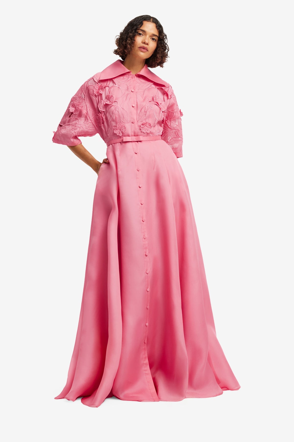 Junia Appliqué Puff Sleeve Silk Gown - Fuchsia – LEO LIN