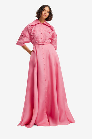 Junia Appliqué Puff Sleeve Silk Gown - Fuchsia Dress Maxi