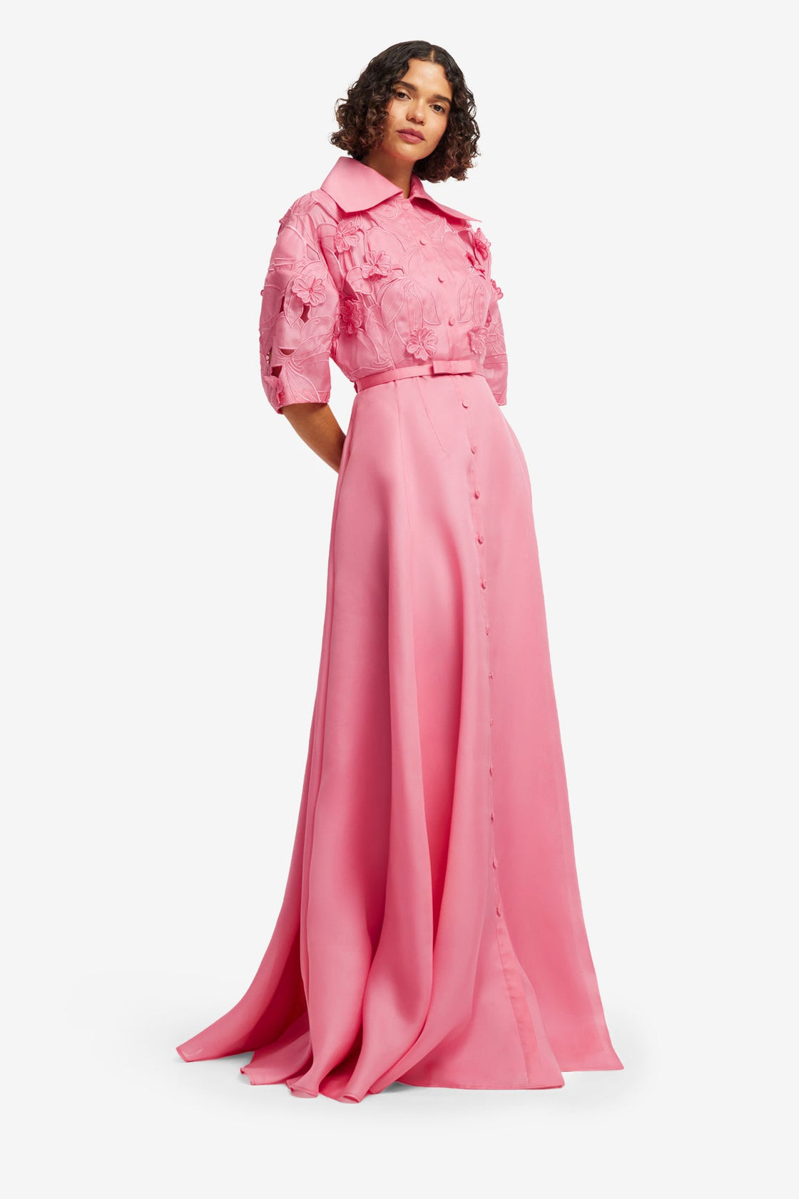 Junia Appliqué Puff Sleeve Silk Gown - Fuchsia Dress Maxi
