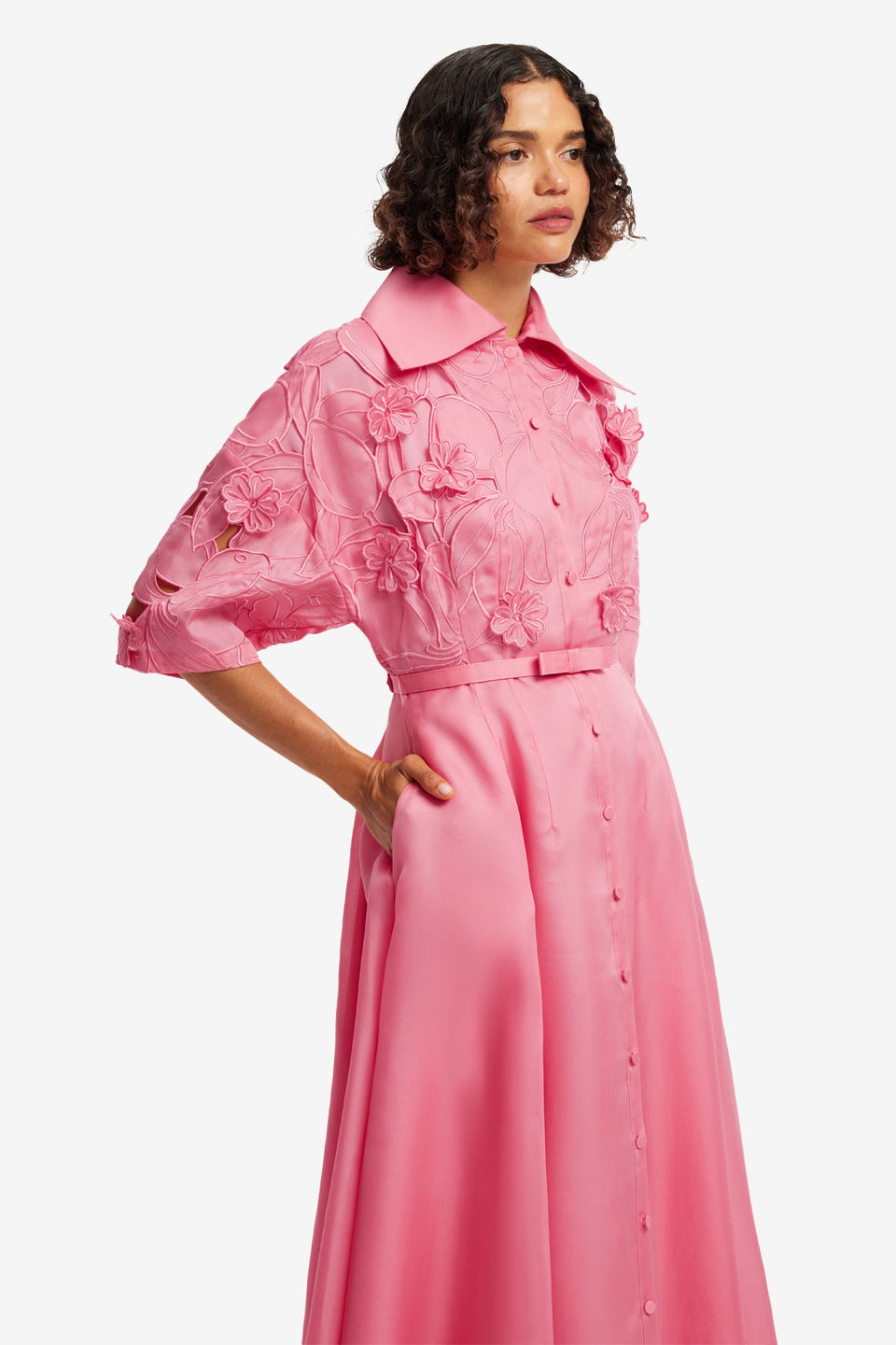 Exclusive LEO LIN Junia Applique Puff Sleeve Silk Gown - Fuchsia