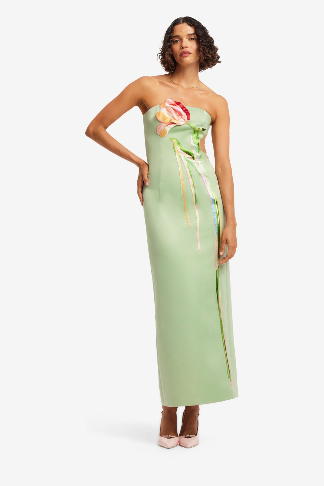 Marilyn Cutout Bustier Maxi Dress - Tulip Print in Green Marilyn Cutout Bustier Maxi Dress - Tulip Print in Green
