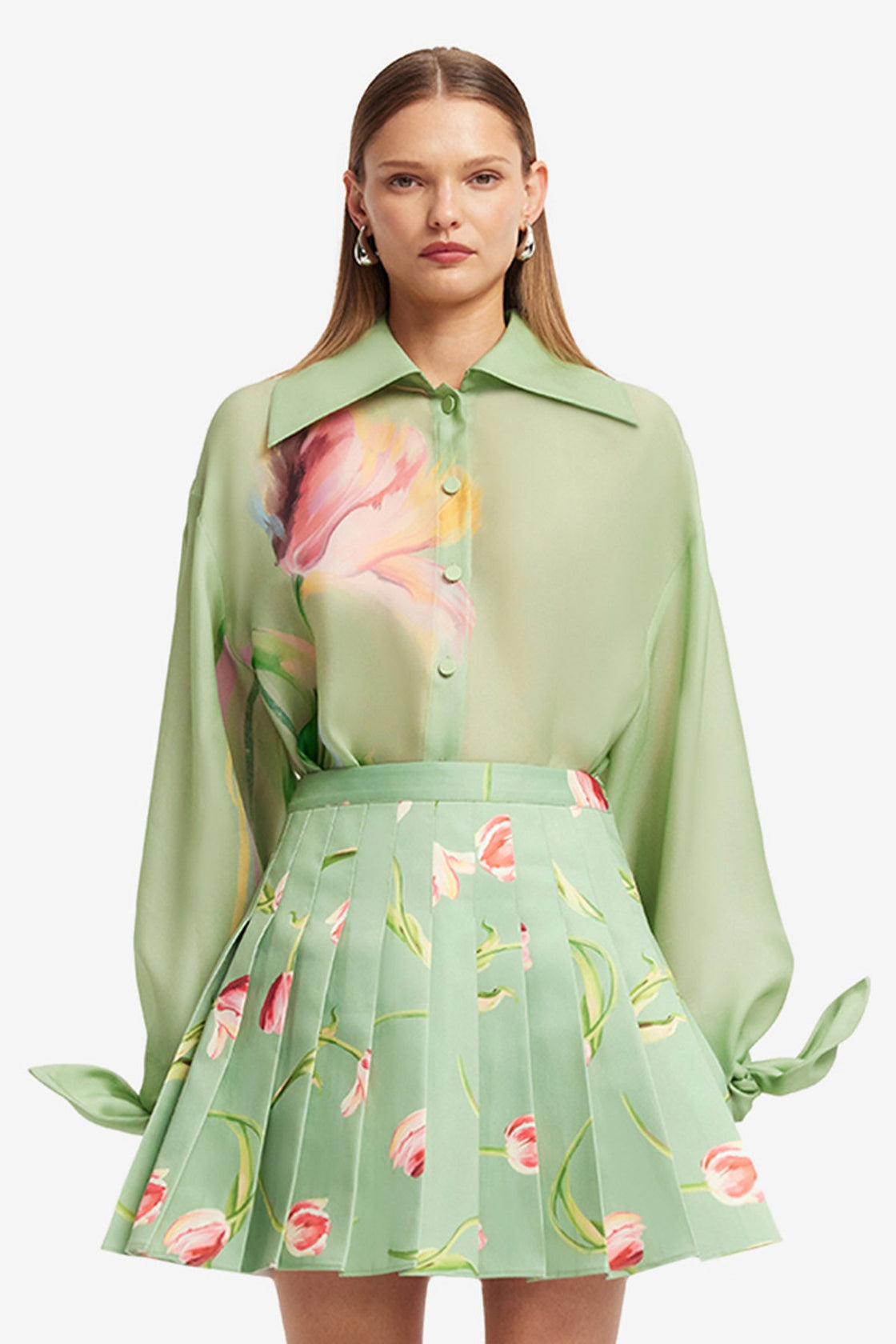 Christina Bow Blouse - Tulip Print in Green Blouse/Shirts