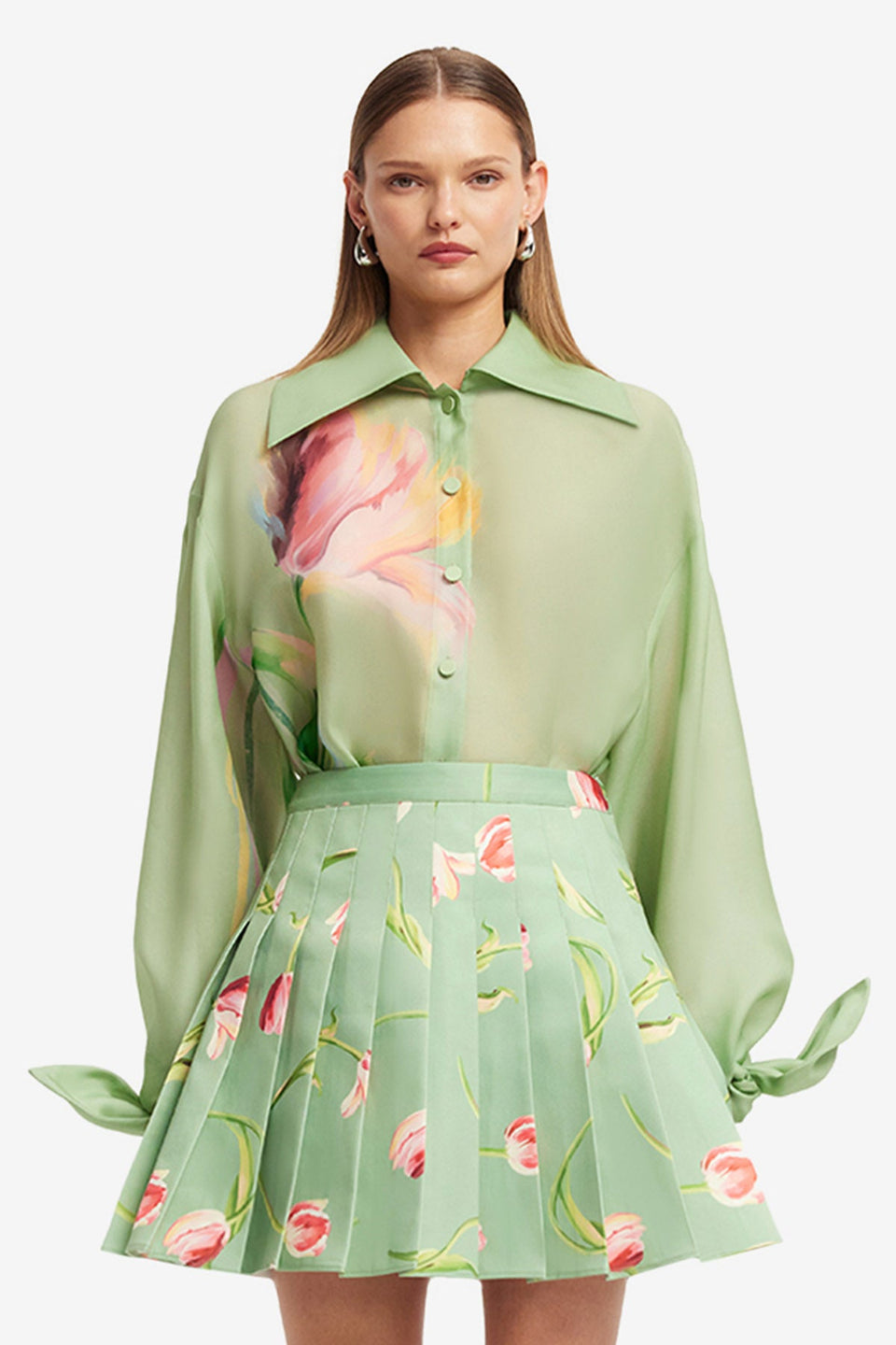 Exclusive LEO LIN Christina Bow Blouse - Tulip Print in Green