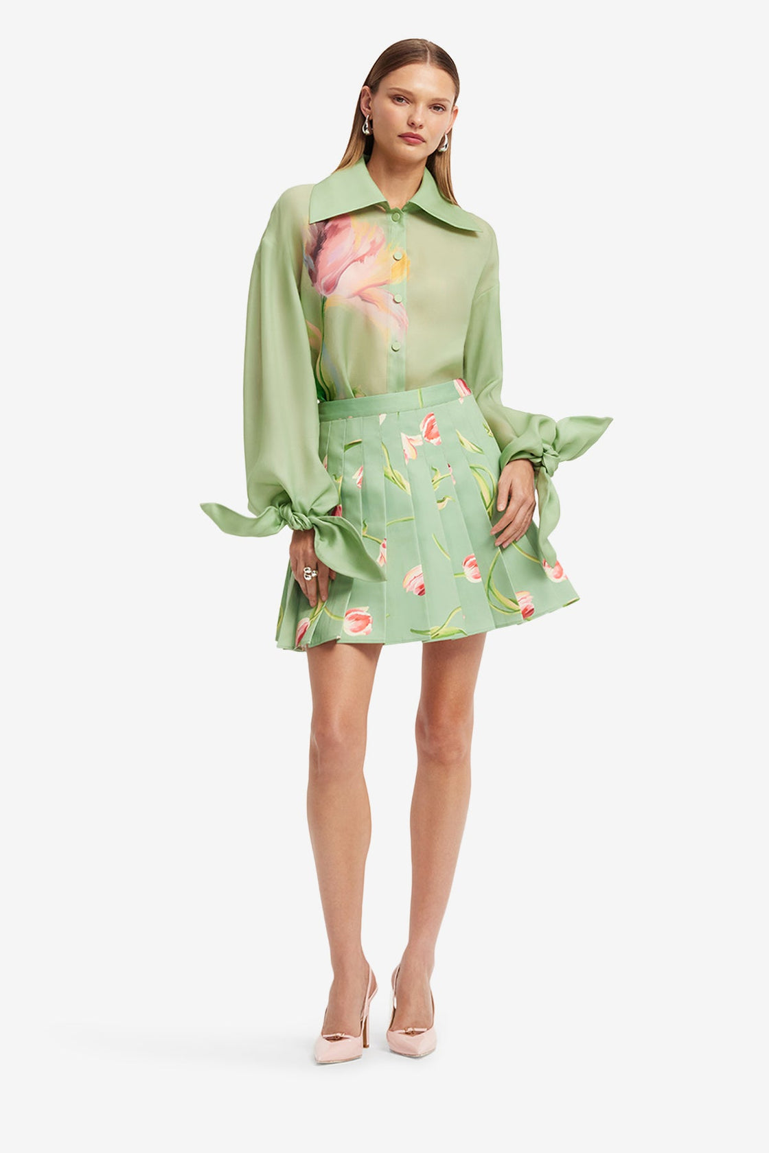 Christina Bow Blouse - Tulip Print in Green Blouse/Shirts