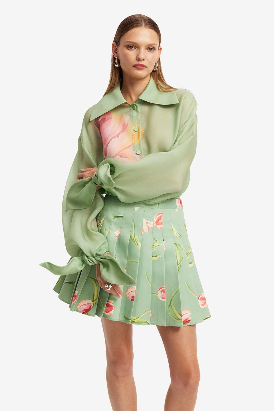 Exclusive LEO LIN Christina Bow Blouse - Tulip Print in Green