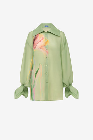 Christina Bow Blouse - Tulip Print in Green Blouse/Shirts