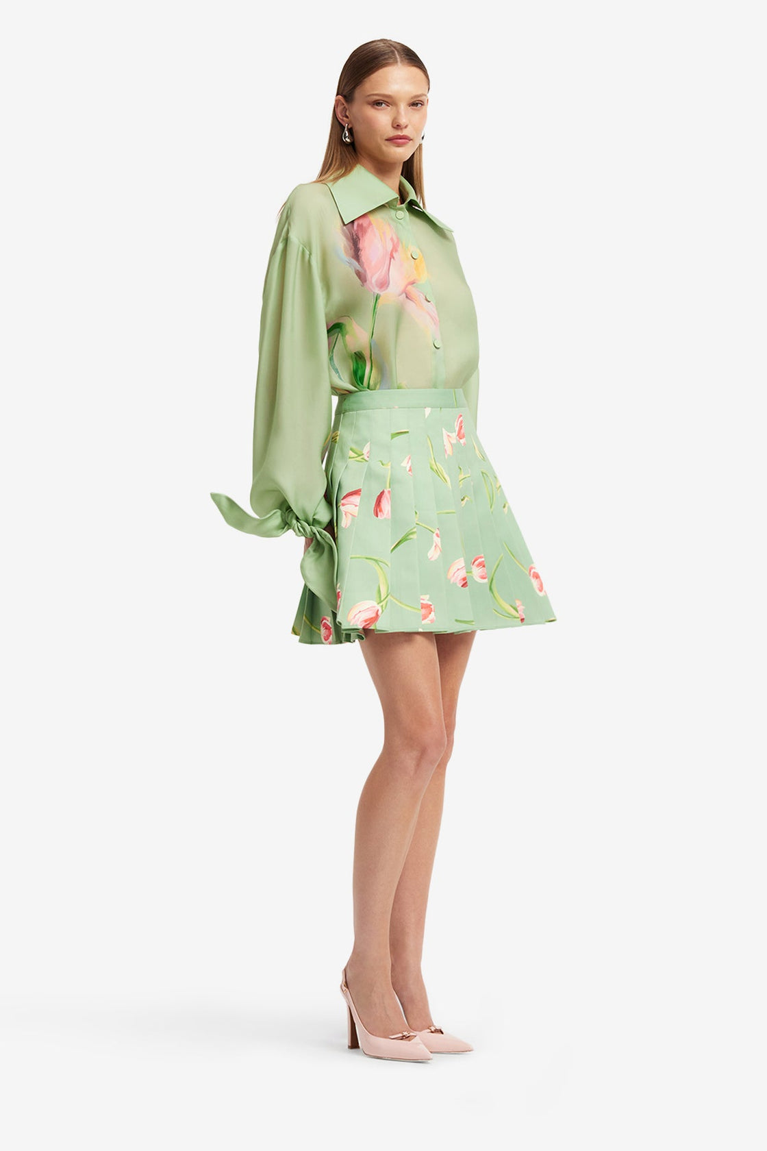 Melody Pleated Mini Skirt - Tulip Print in Green Skirts