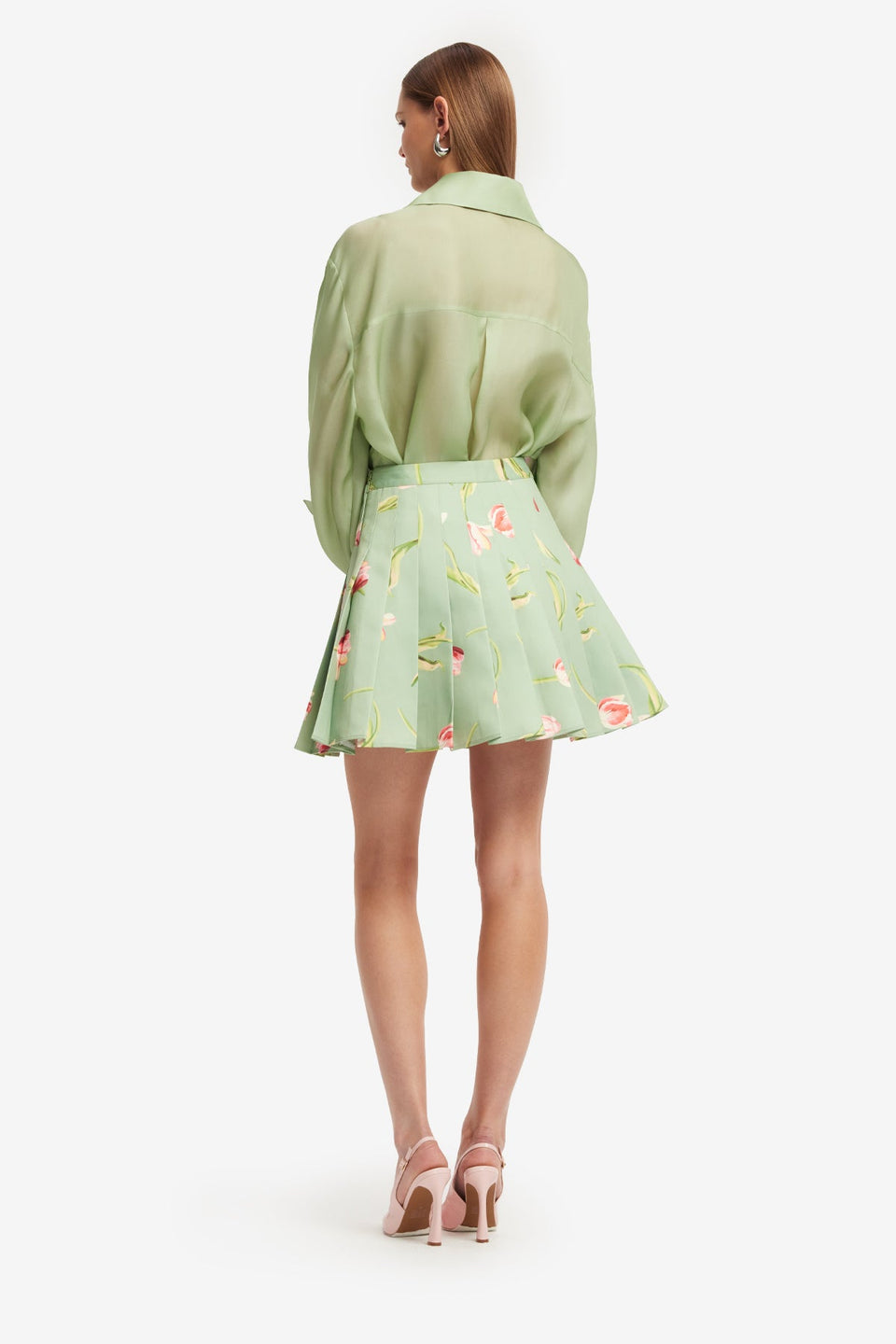 Exclusive LEO LIN Melody Pleated Mini Skirt - Tulip Print in Green