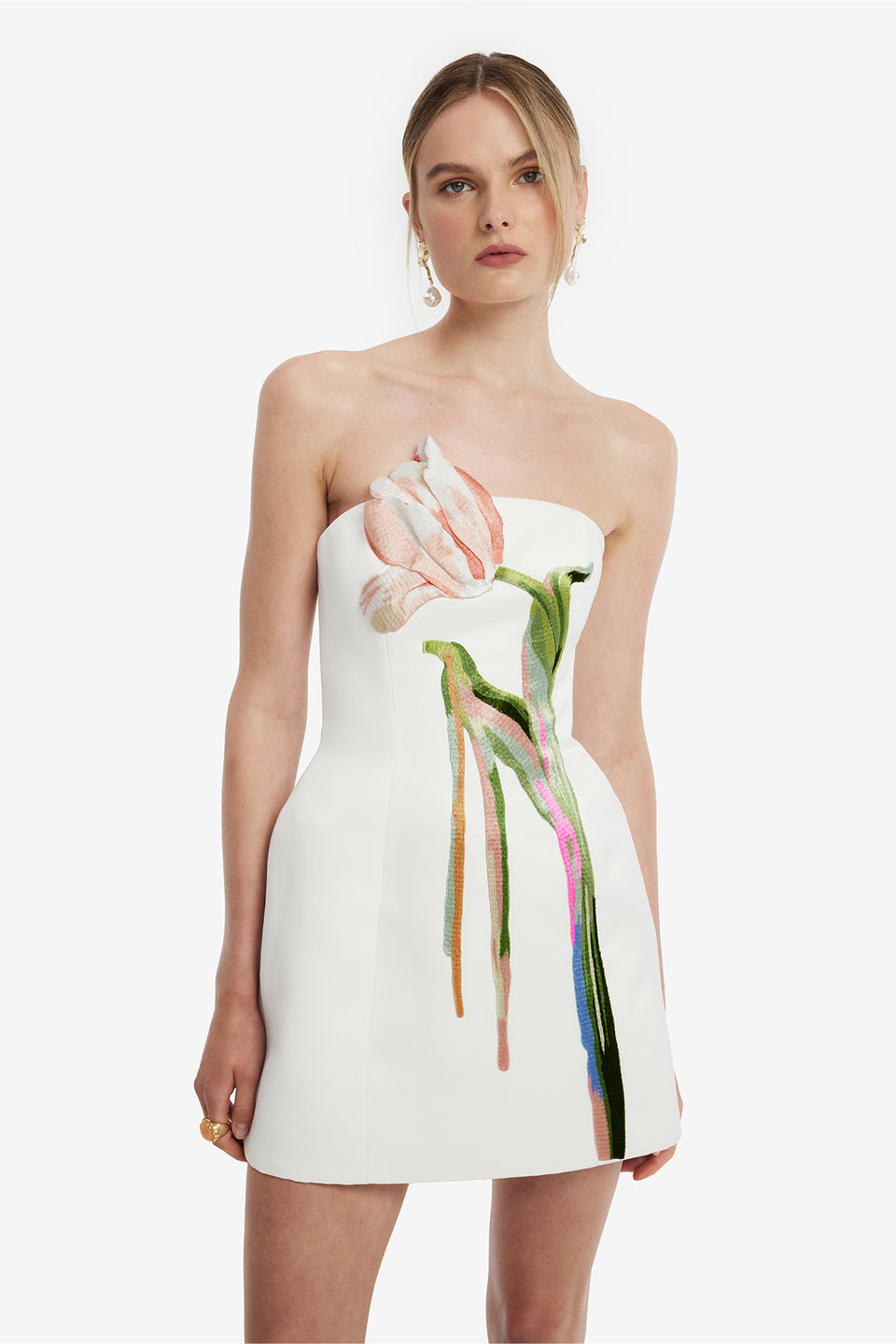 Roselle Bustier Mini Dress - Tulip Print in Snow Dress Mini