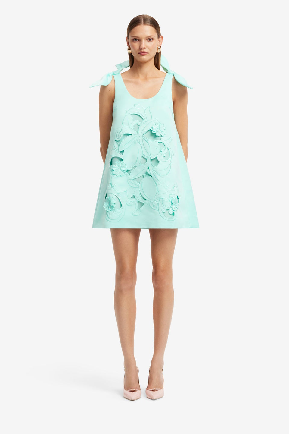 Harper Bow Appliqué Mini Dress - Pale Turquoise Dress Mini