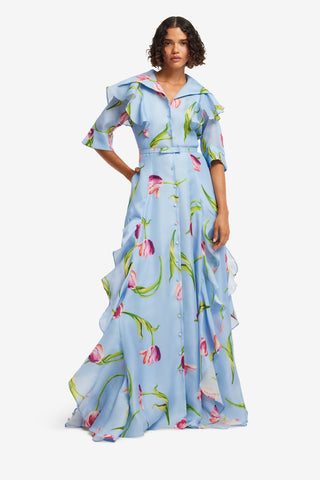 Isabella Silk Gown - Tulip Print in Blue Dress Maxi