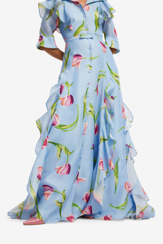 Isabella Silk Gown - Tulip Print in Blue Dress Maxi