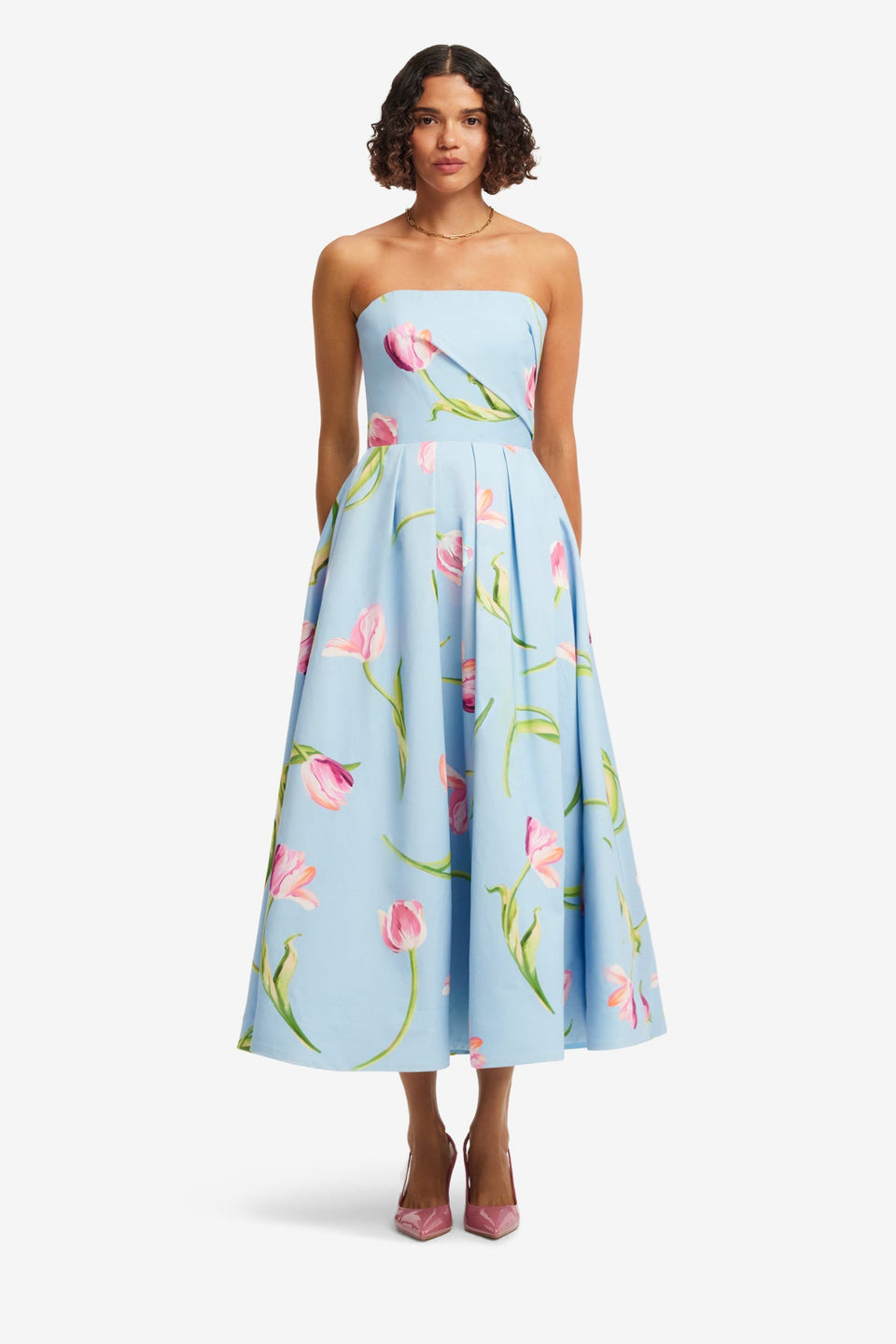 Exclusive LEO LIN Lynn Bustier Midi Dress - Tulip Print in Blue