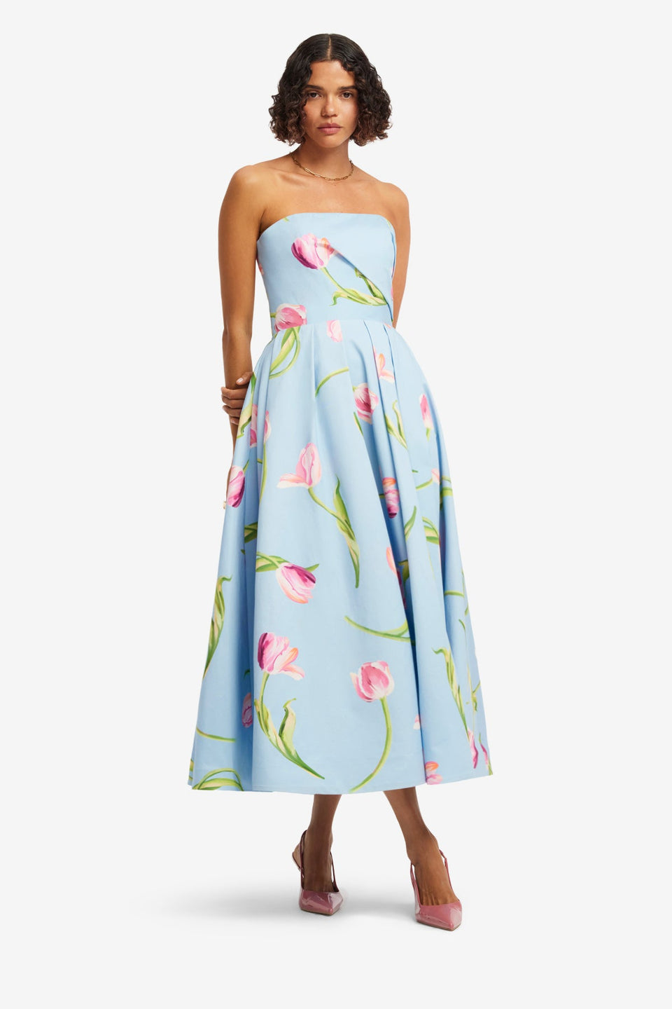 Exclusive LEO LIN Lynn Bustier Midi Dress - Tulip Print in Blue