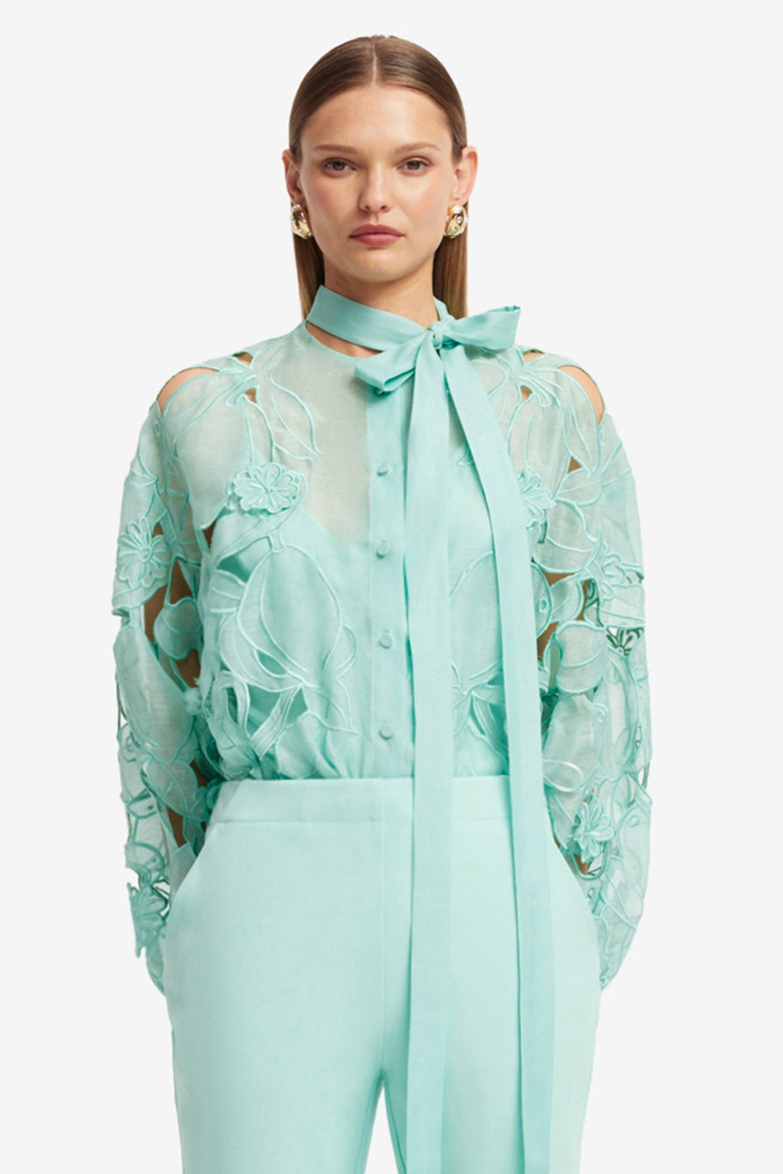 Elle Appliqué Blouse - Pale Turquoise Blouse/Shirts