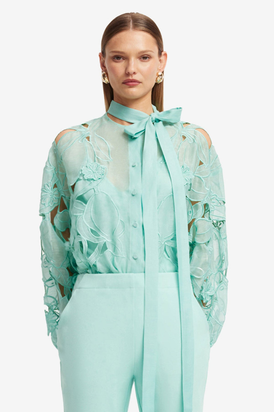 Elle Appliqué Blouse - Pale Turquoise Blouse/Shirts