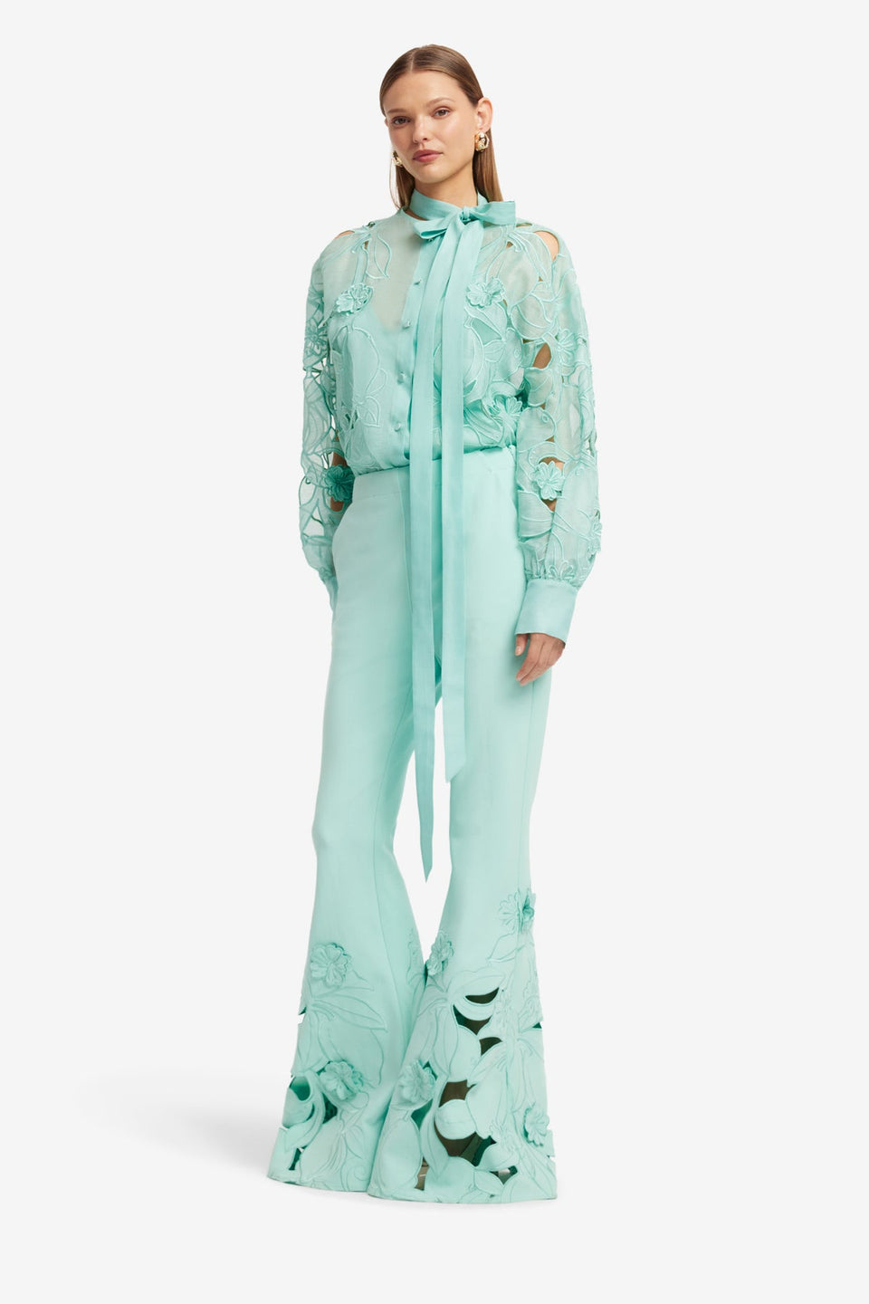 Vera Appliqué Flared Pants - Pale Turquoise Pants