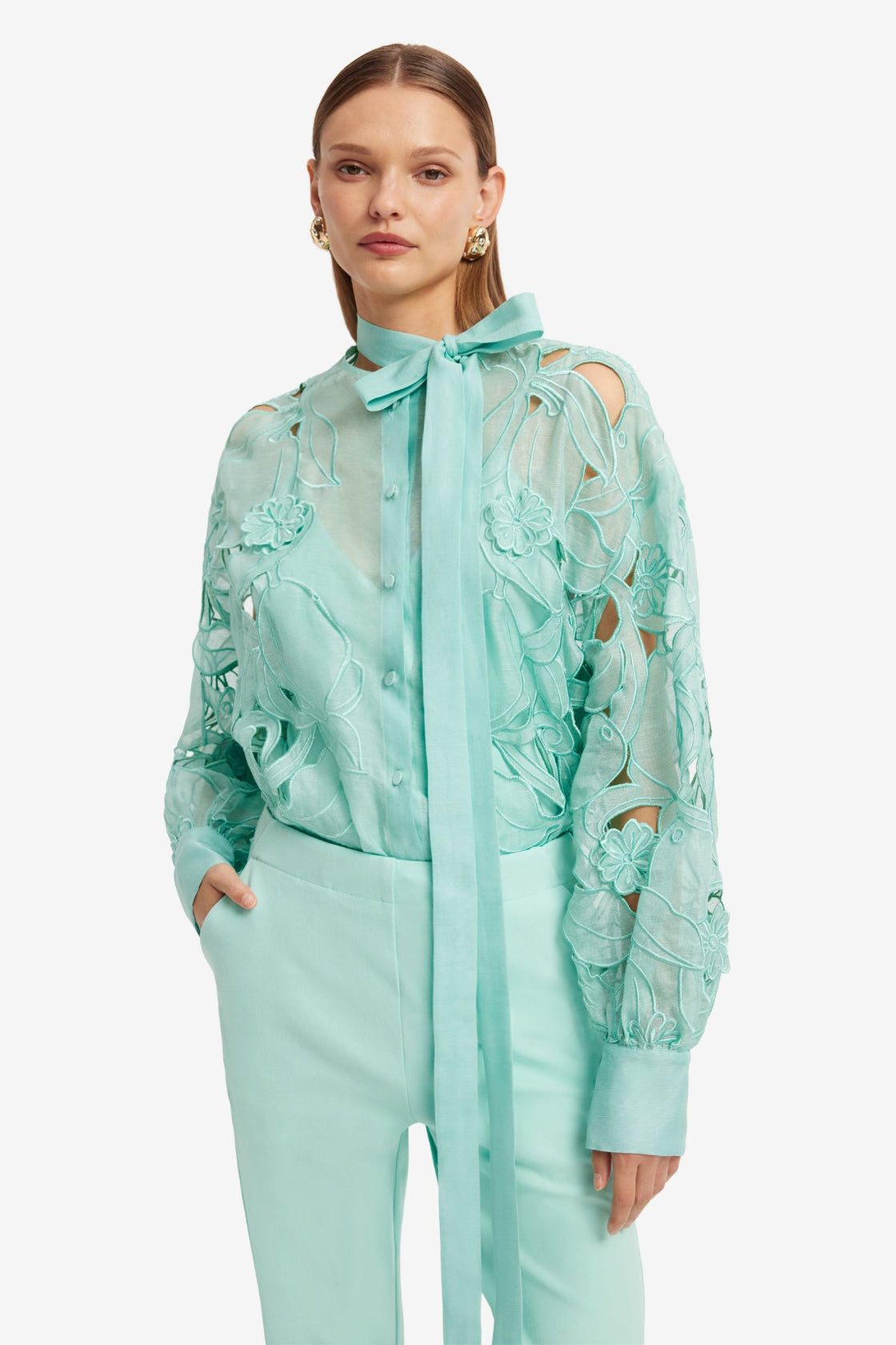 Elle Appliqué Blouse - Pale Turquoise Blouse/Shirts