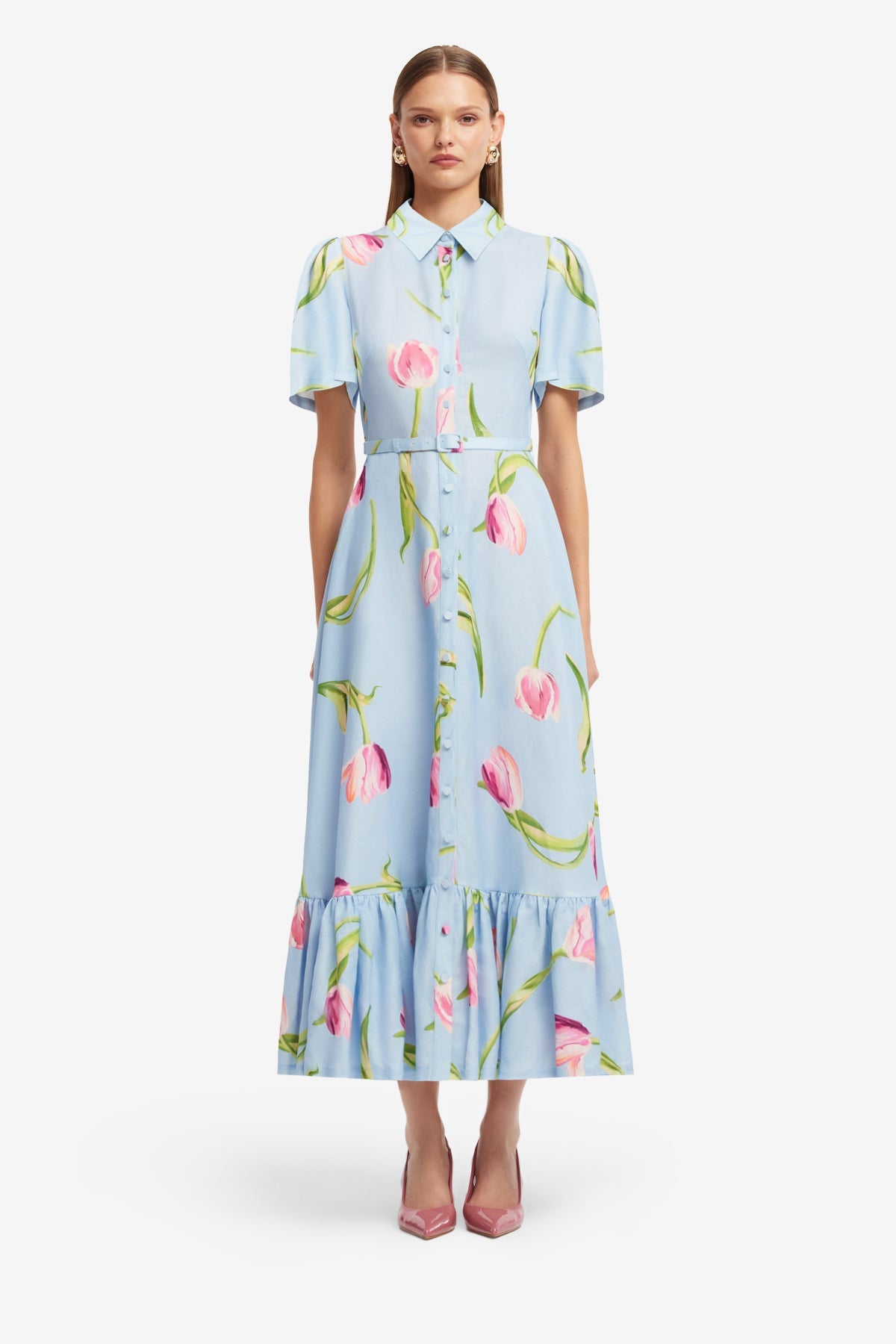 Becca Short Sleeve Midi Dress - Tulip Print in Blue – LEO LIN