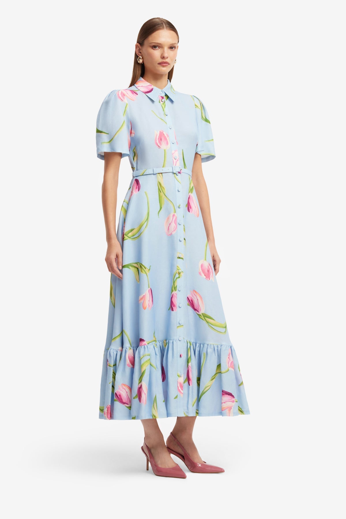 Becca Short Sleeve Midi Dress - Tulip Print in Blue – LEO LIN