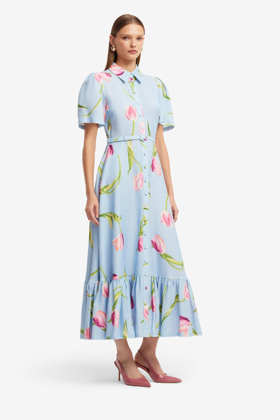 Exclusive LEO LIN Becca Short Sleeve Midi Dress - Tulip Print in Blue