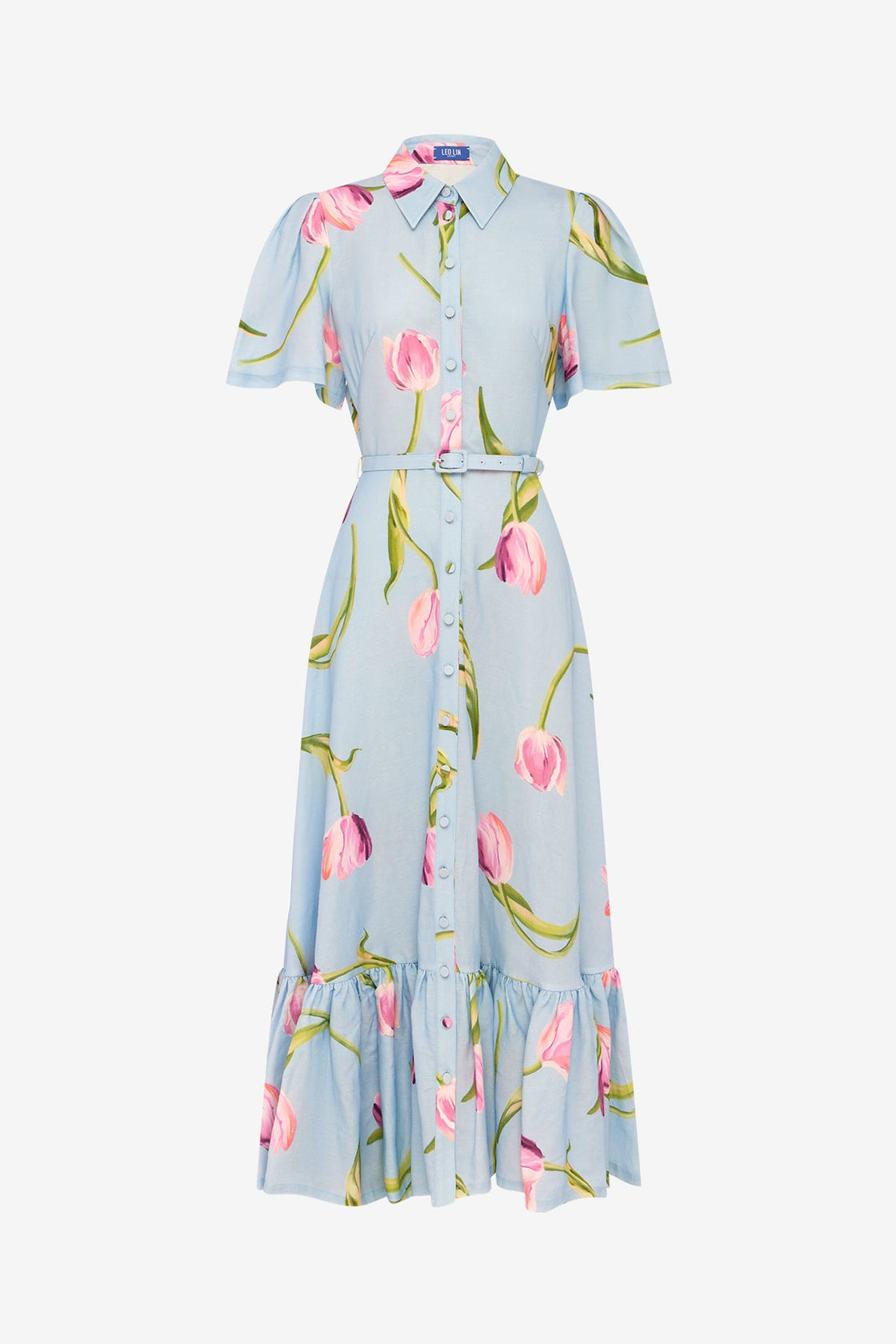 Leo Lin - Becca Short Sleeve Midi Dress - Tulip Print in Blue Leo Lin - Becca Short Sleeve Midi Dress - Tulip Print in Blue