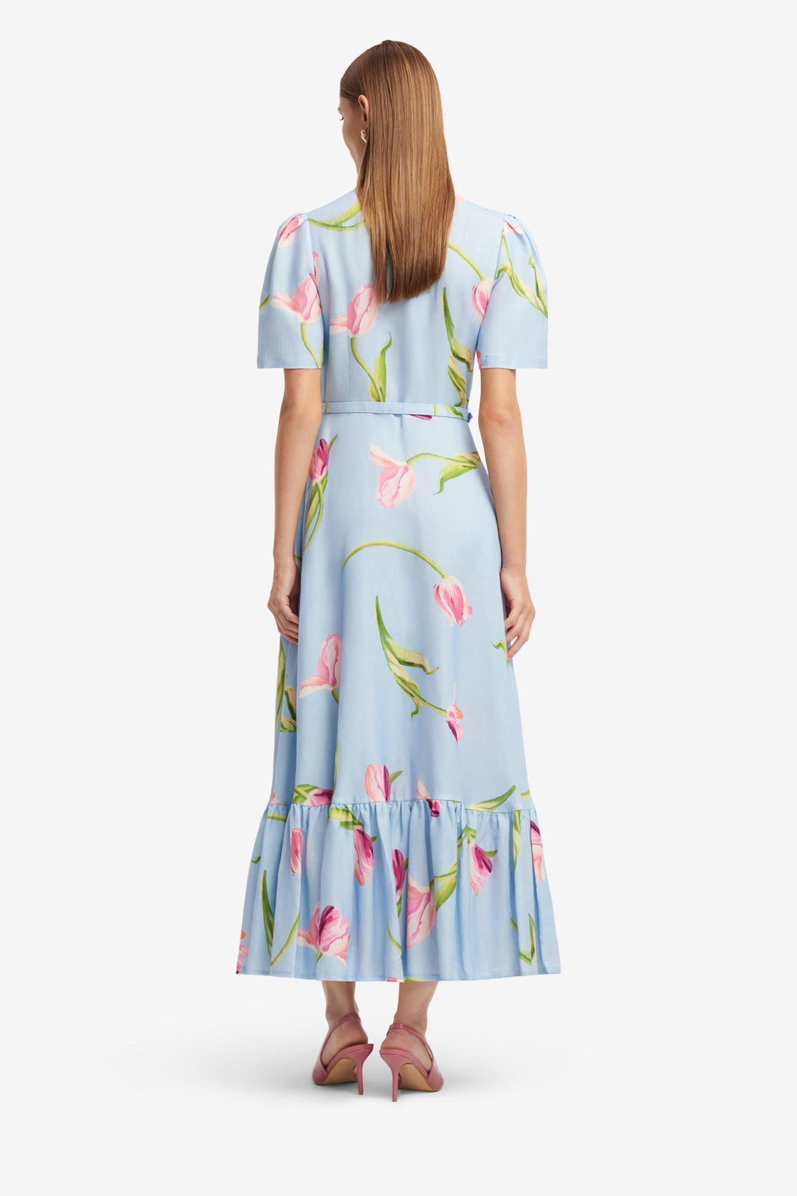 Exclusive LEO LIN Becca Short Sleeve Midi Dress - Tulip Print in Blue