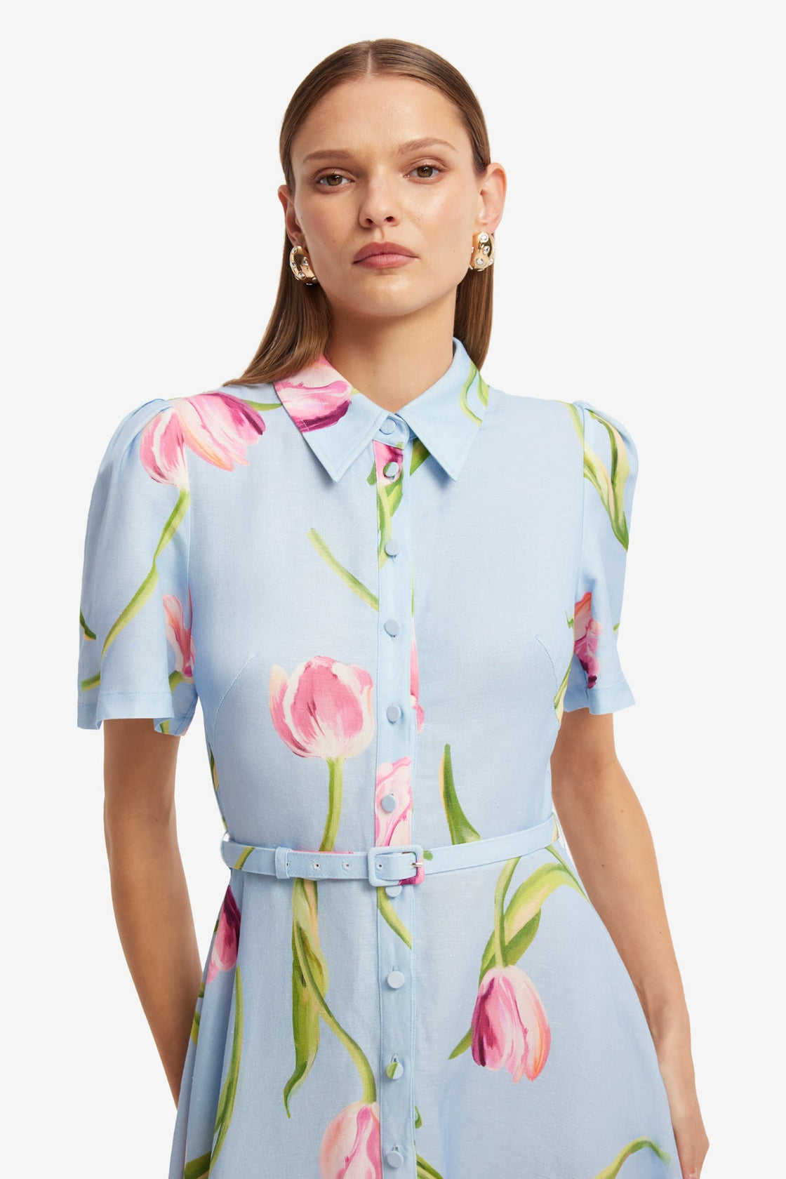 Becca Short Sleeve Midi Dress - Tulip Print in Blue LEO LIN Becca Short Sleeve Midi Dress - Tulip Print in Blue LEO LIN