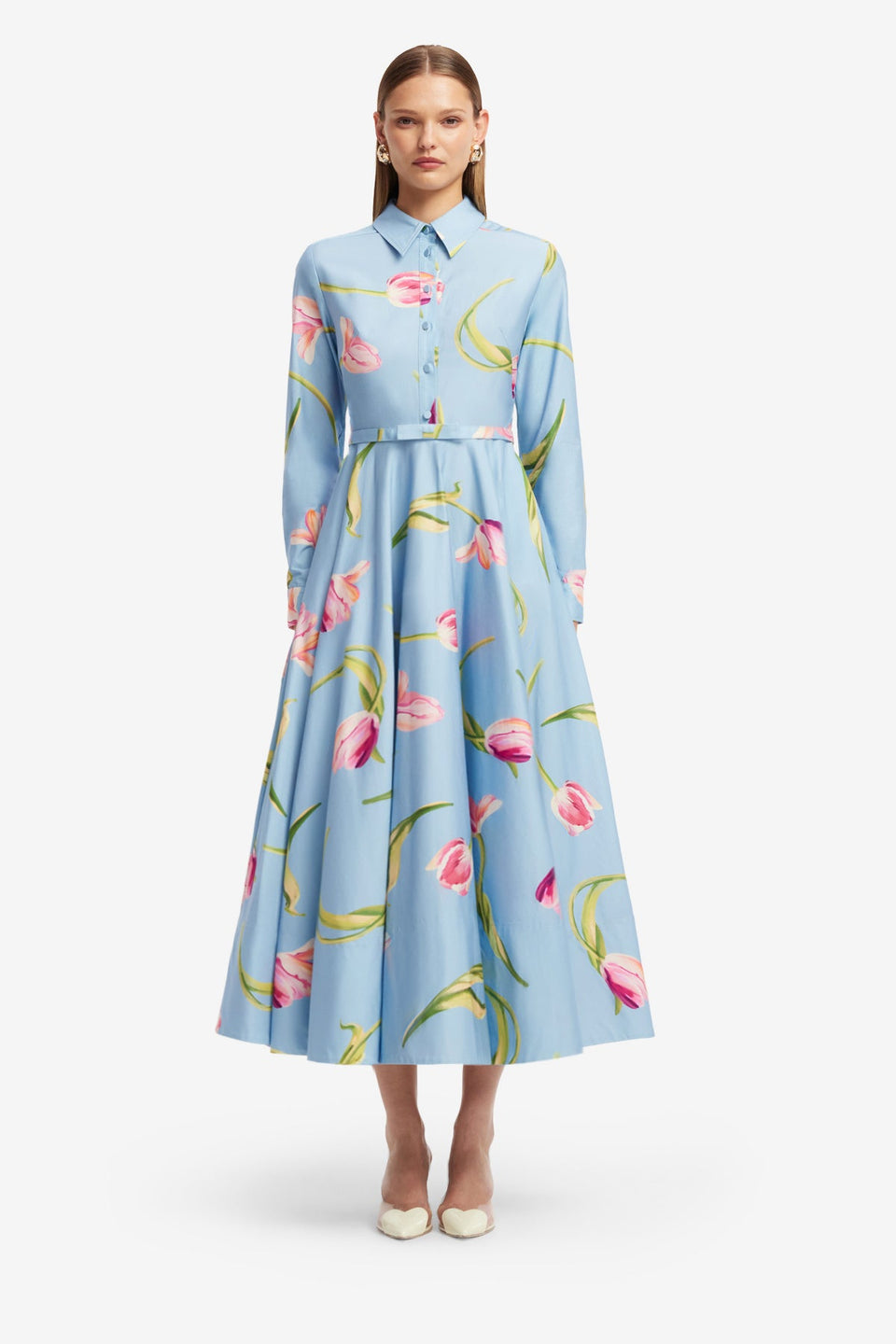 Exclusive LEO LIN Zara Shirt Midi Dress - Tulip Print in Blue