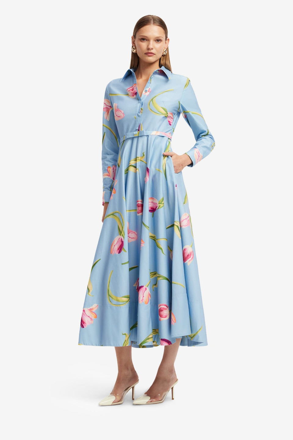 Exclusive LEO LIN Zara Shirt Midi Dress - Tulip Print in Blue