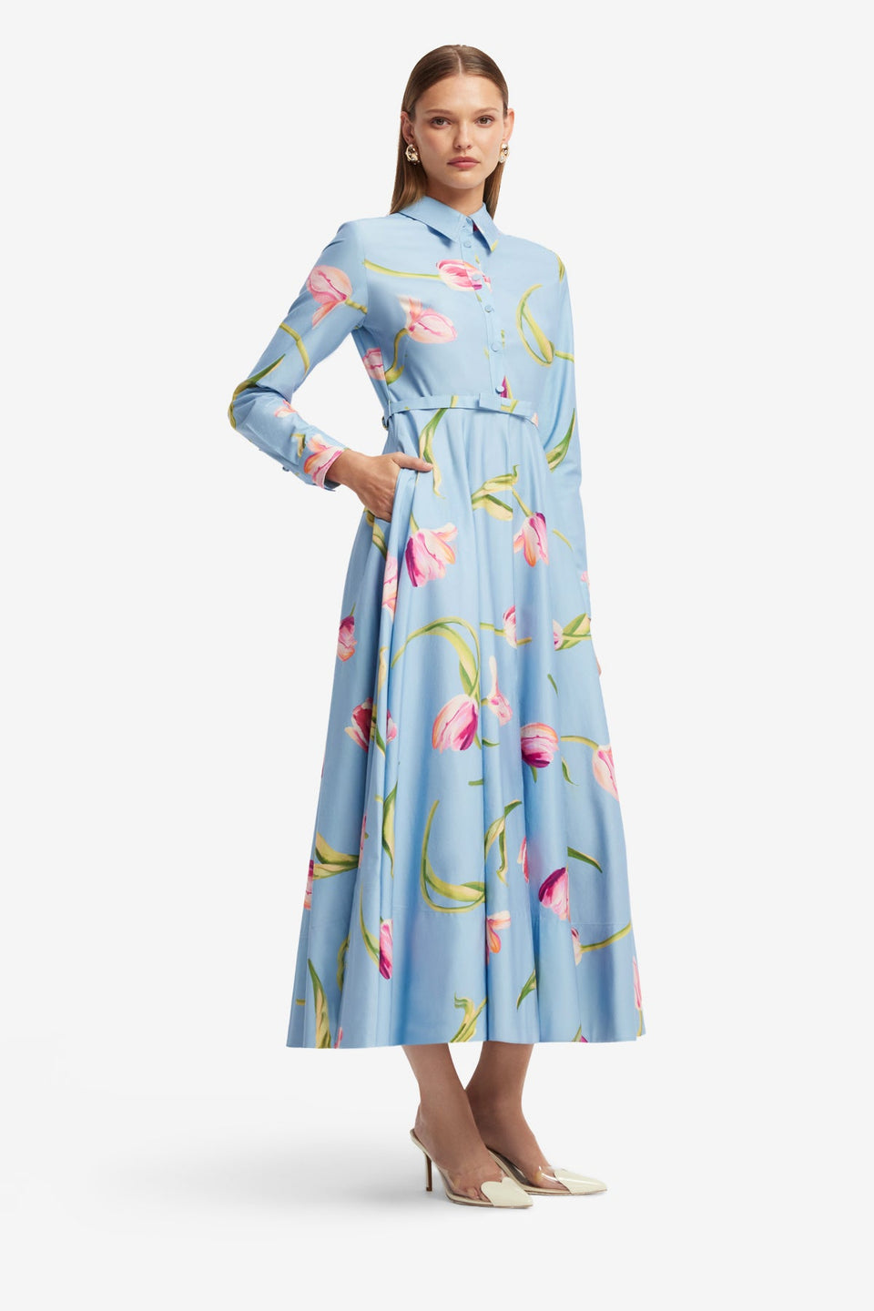 Exclusive LEO LIN Zara Shirt Midi Dress - Tulip Print in Blue