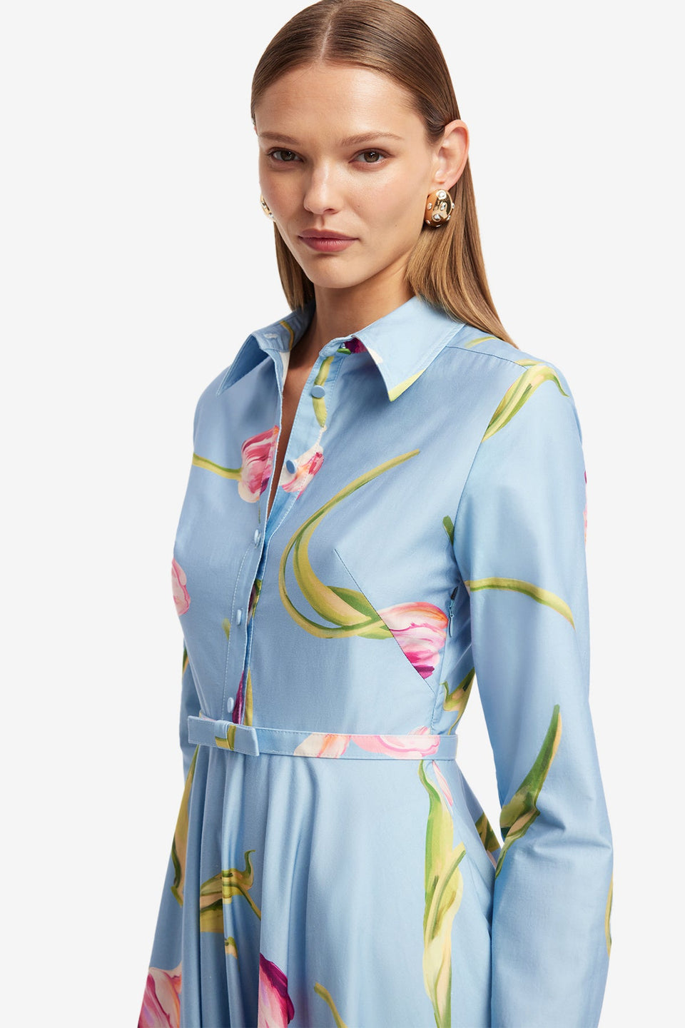Exclusive LEO LIN Zara Shirt Midi Dress - Tulip Print in Blue