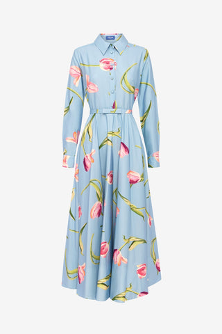Zara Shirt Midi Dress - Tulip Print in Blue Dress Midi