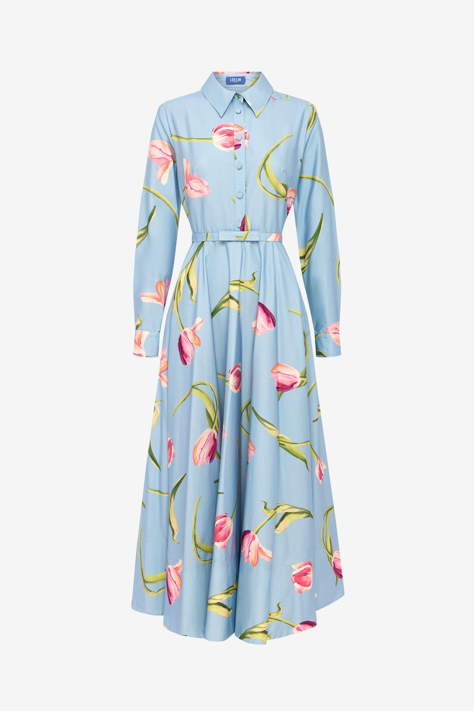 Exclusive LEO LIN Zara Shirt Midi Dress - Tulip Print in Blue