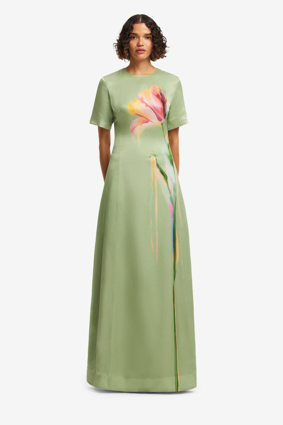 Exclusive LEO LIN Alice Short Sleeve Maxi Dress - Tulip Print in Green