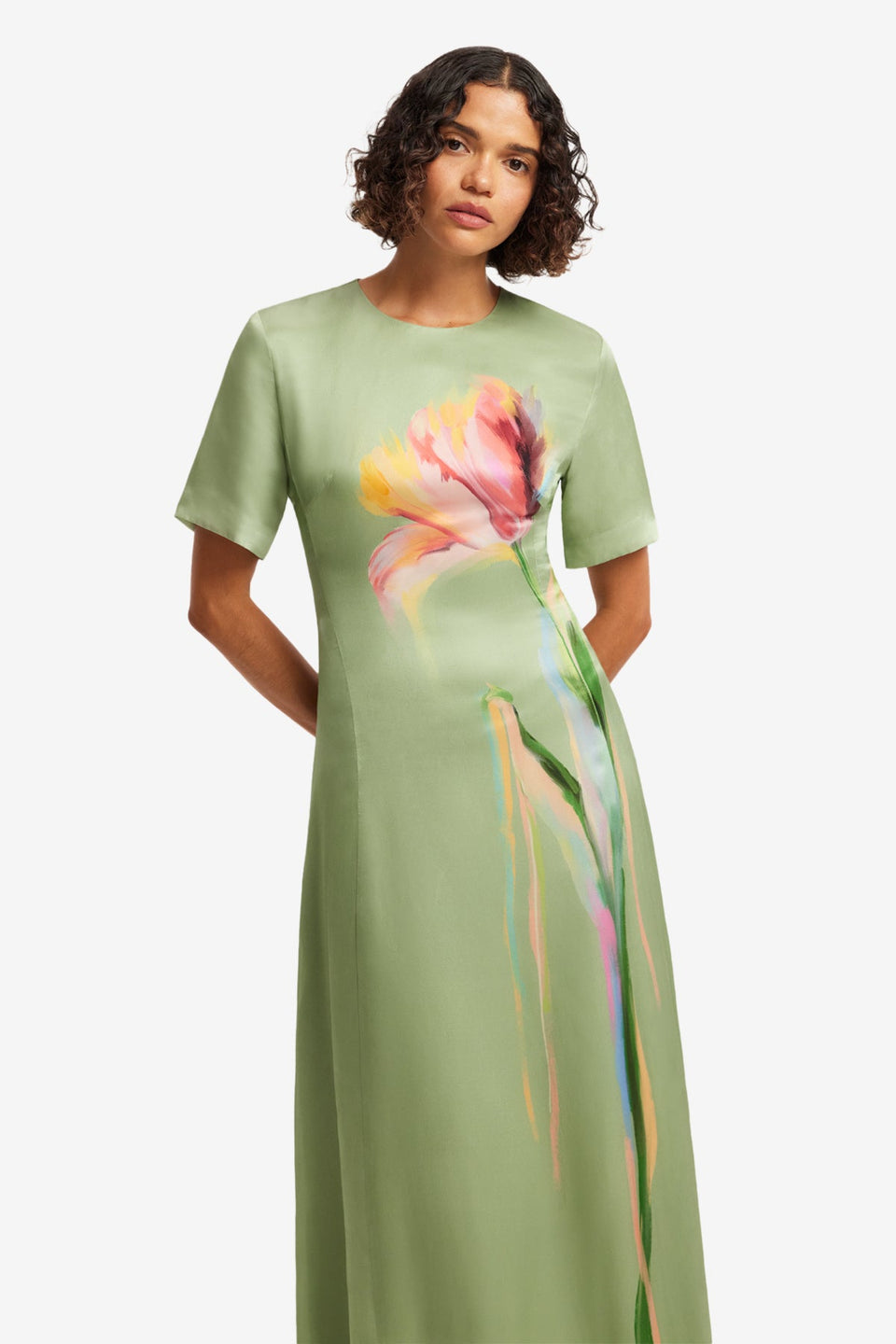 Exclusive LEO LIN Alice Short Sleeve Maxi Dress - Tulip Print in Green